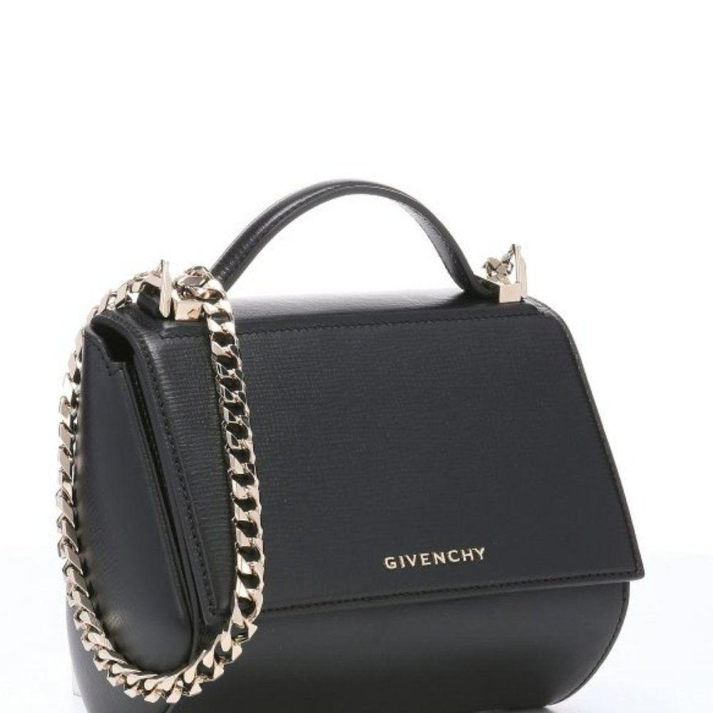 Givenchy Mini Pandora Box Chain Black Calf Stamped Leather Shoulder Bag Purse Li